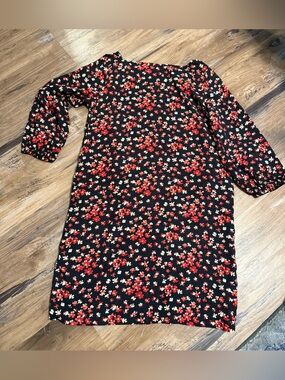 GAP Black Long Sleeve Shift Dress with Red & Cream Floral Print